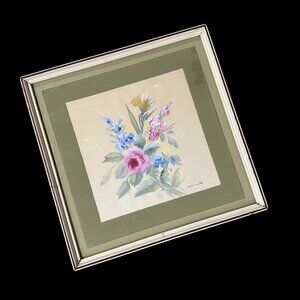 Vintage Floral Painting Wood Framed Wall Hanging Pink Roses Blue Flowers Green